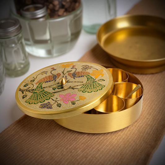 Handcrafted 100% Brass Spices Box with Enamel Peacock & Floral Design – Decorative Spice Box with Spoon – Indian Traditional Art