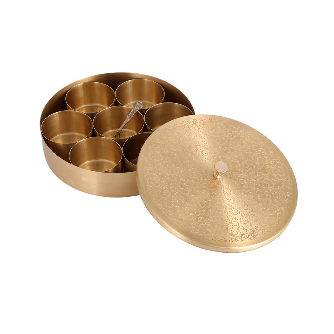 Handcrafted Brass Masala Box with 7 Containers & Lid – Premium Spice Storage Organizer