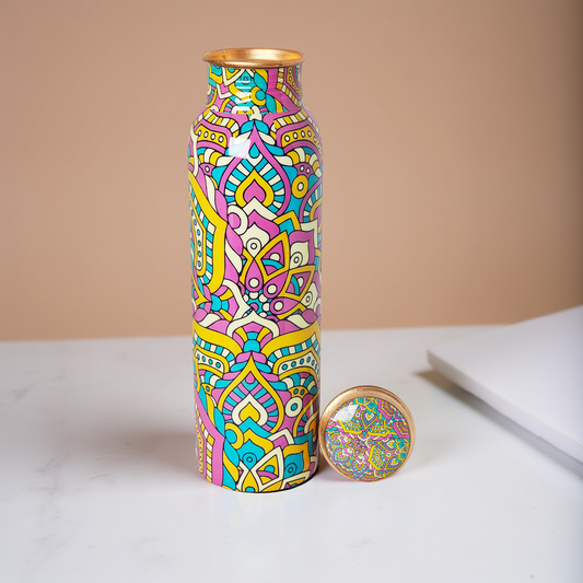 Mandala Design Copper Water Bottle – 1 Litre | Hand-Painted Ayurvedic Wellness Bottle