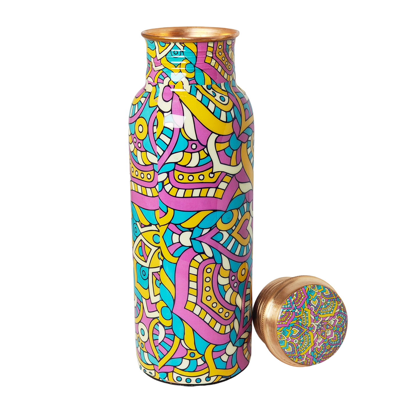 Mandala Design Copper Water Bottle – 1 Litre | Hand-Painted Ayurvedic Wellness Bottle