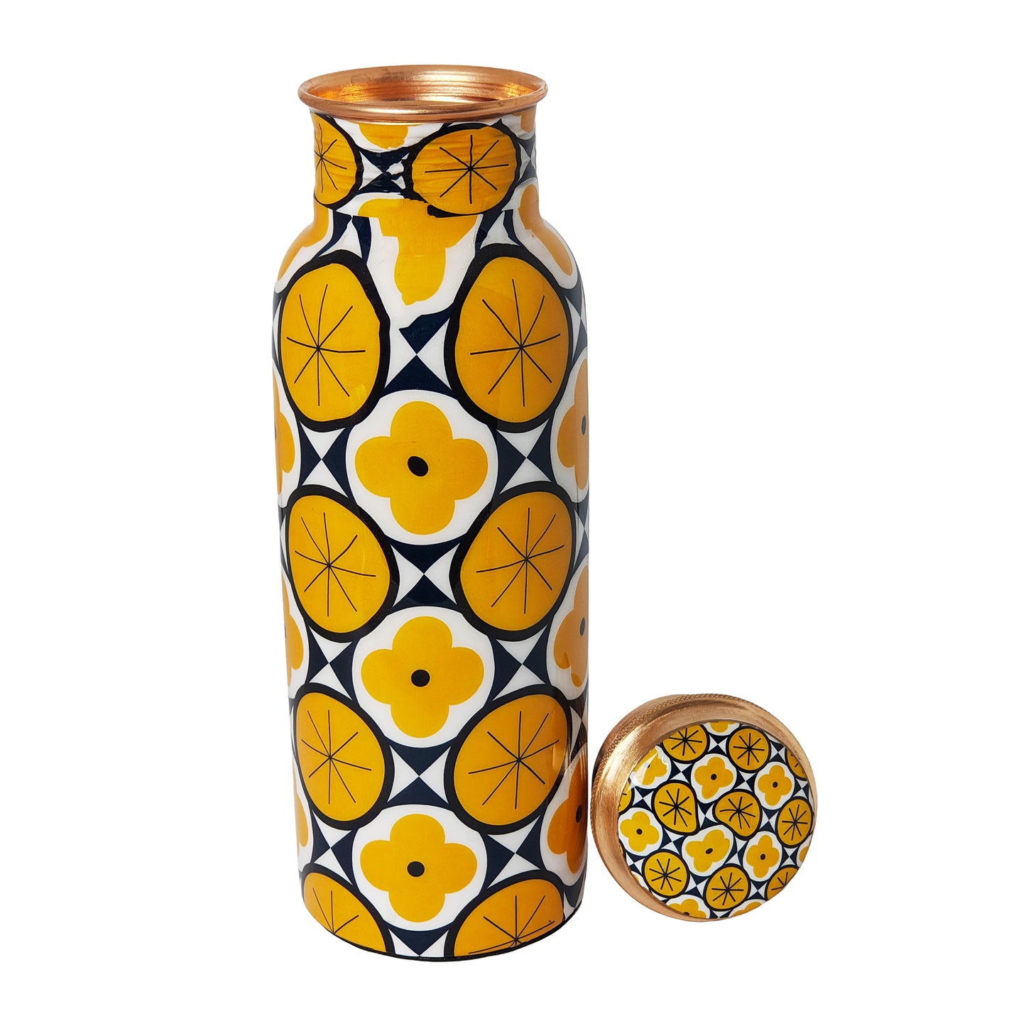 Geometric Yellow Copper Water Bottle – 1 Litre | Modern Ayurvedic Wellness Bottle