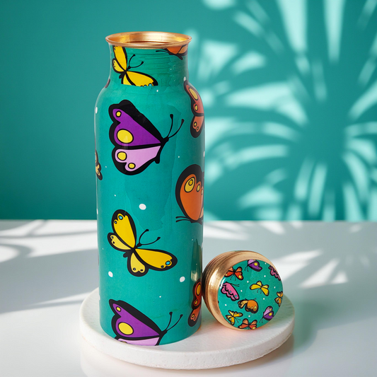 Butterfly Print Copper Water Bottle – 1 Litre | Ayurvedic Eco-Friendly Drinkware