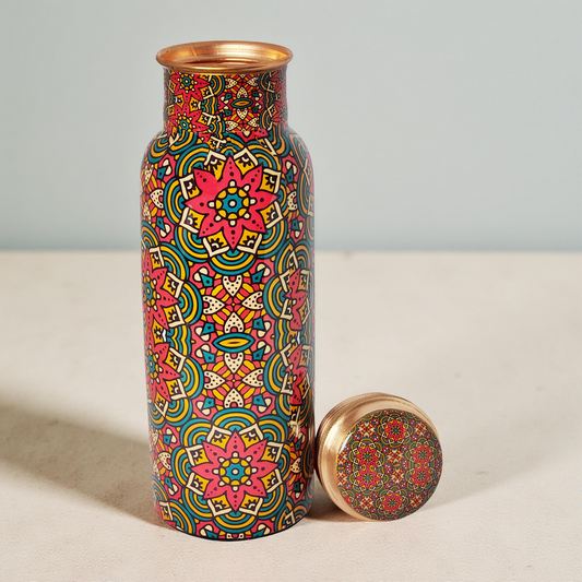 Red Floral Mandala Copper Water Bottle – 1 Litre | Handcrafted Ayurvedic Drinkware