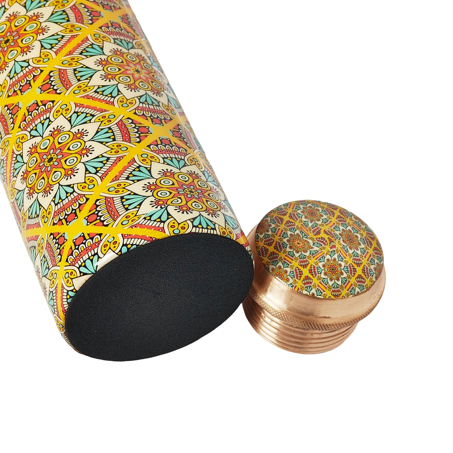 Yellow Mandala Copper Water Bottle – 1 Litre | Handcrafted Ayurvedic Drinkware