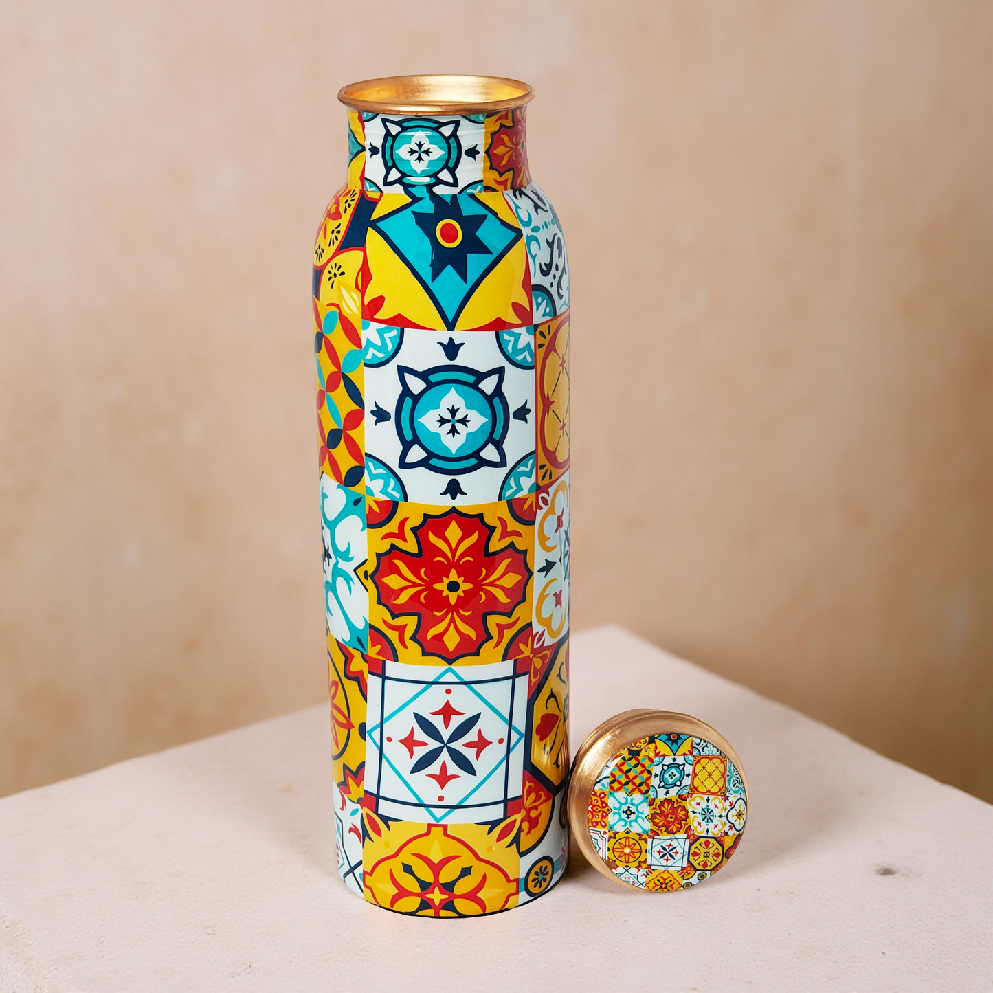 Colorful Tile Pattern Copper Water Bottle – 1 Litre | Handcrafted Ayurvedic Drinkware