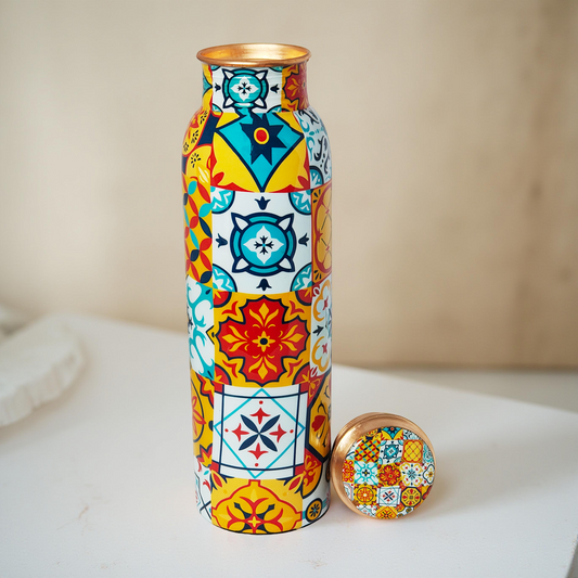 Colorful Tile Pattern Copper Water Bottle – 1 Litre | Handcrafted Ayurvedic Drinkware