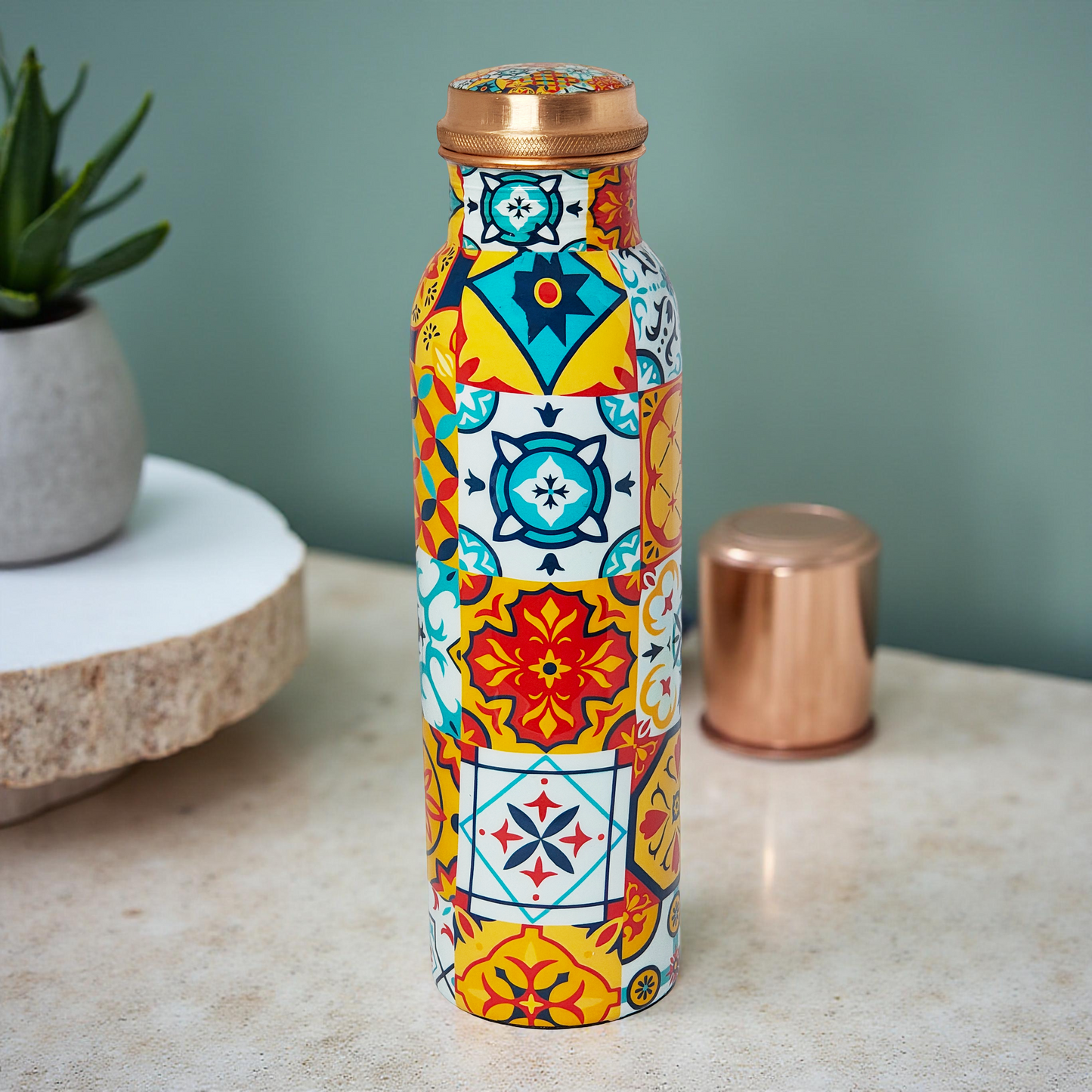 Colorful Tile Pattern Copper Water Bottle – 1 Litre | Handcrafted Ayurvedic Drinkware