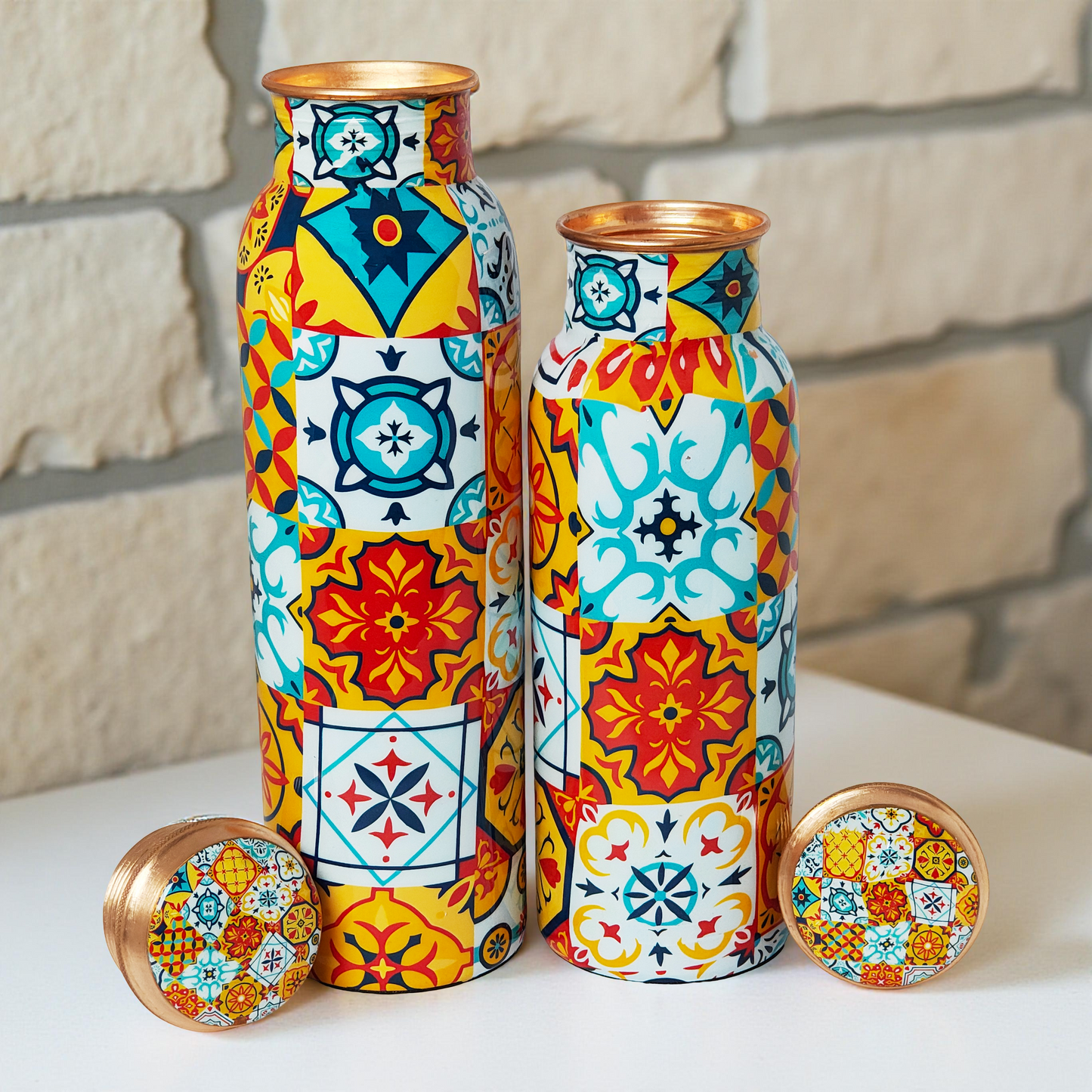 Colorful Tile Pattern Copper Water Bottle – 1 Litre | Handcrafted Ayurvedic Drinkware