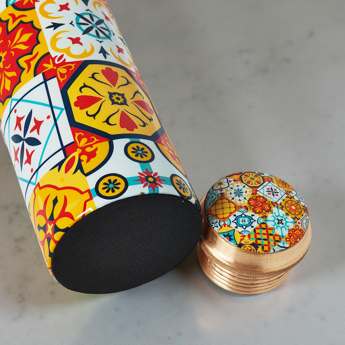 Colorful Tile Pattern Copper Water Bottle – 1 Litre | Handcrafted Ayurvedic Drinkware