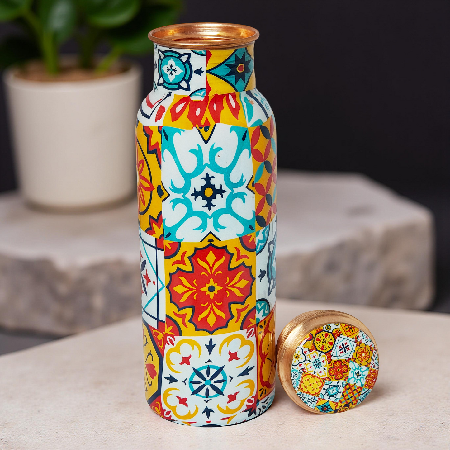 Colorful Tile Pattern Copper Water Bottle – 1 Litre | Handcrafted Ayurvedic Drinkware
