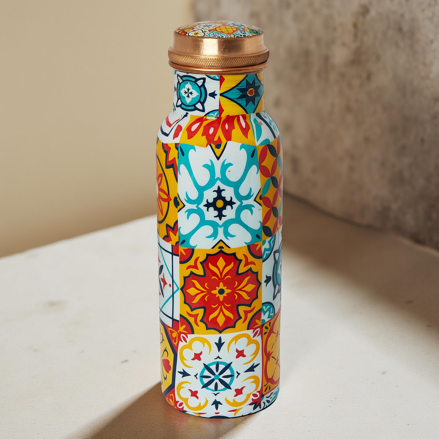 Colorful Tile Pattern Copper Water Bottle – 1 Litre | Handcrafted Ayurvedic Drinkware