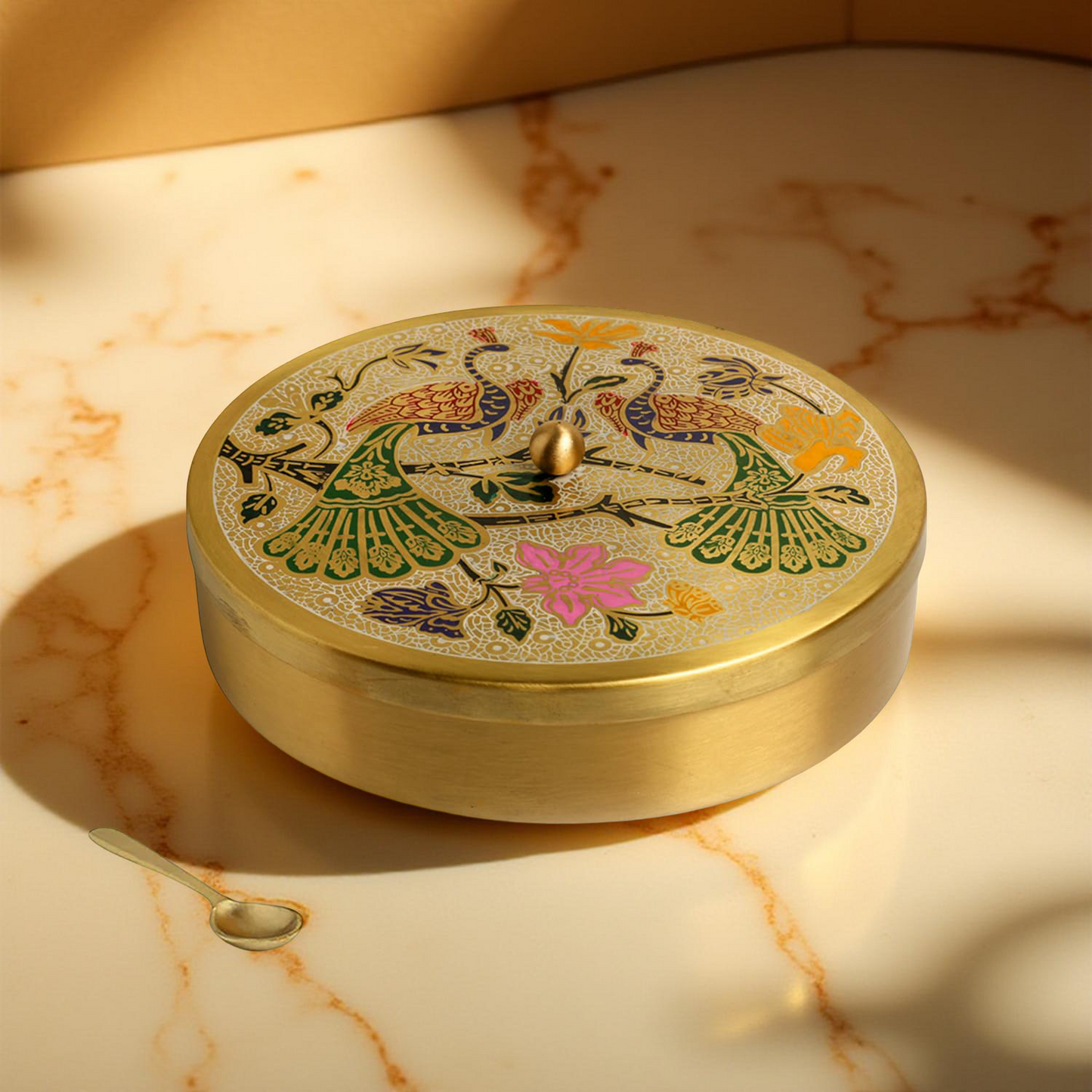 Handcrafted 100% Brass Spices Box with Enamel Peacock & Floral Design – Decorative Spice Box with Spoon – Indian Traditional Art