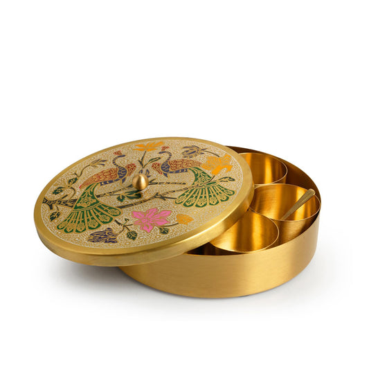 Handcrafted 100% Brass Spices Box with Enamel Peacock & Floral Design – Decorative Spice Box with Spoon – Indian Traditional Art