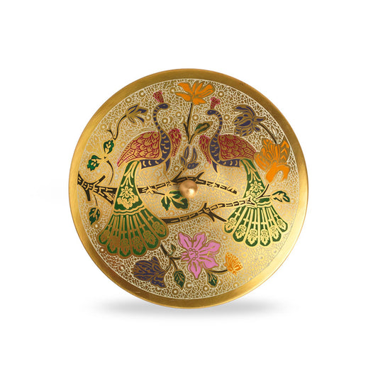 Handcrafted 100% Brass Spices Box with Enamel Peacock & Floral Design – Decorative Spice Box with Spoon – Indian Traditional Art