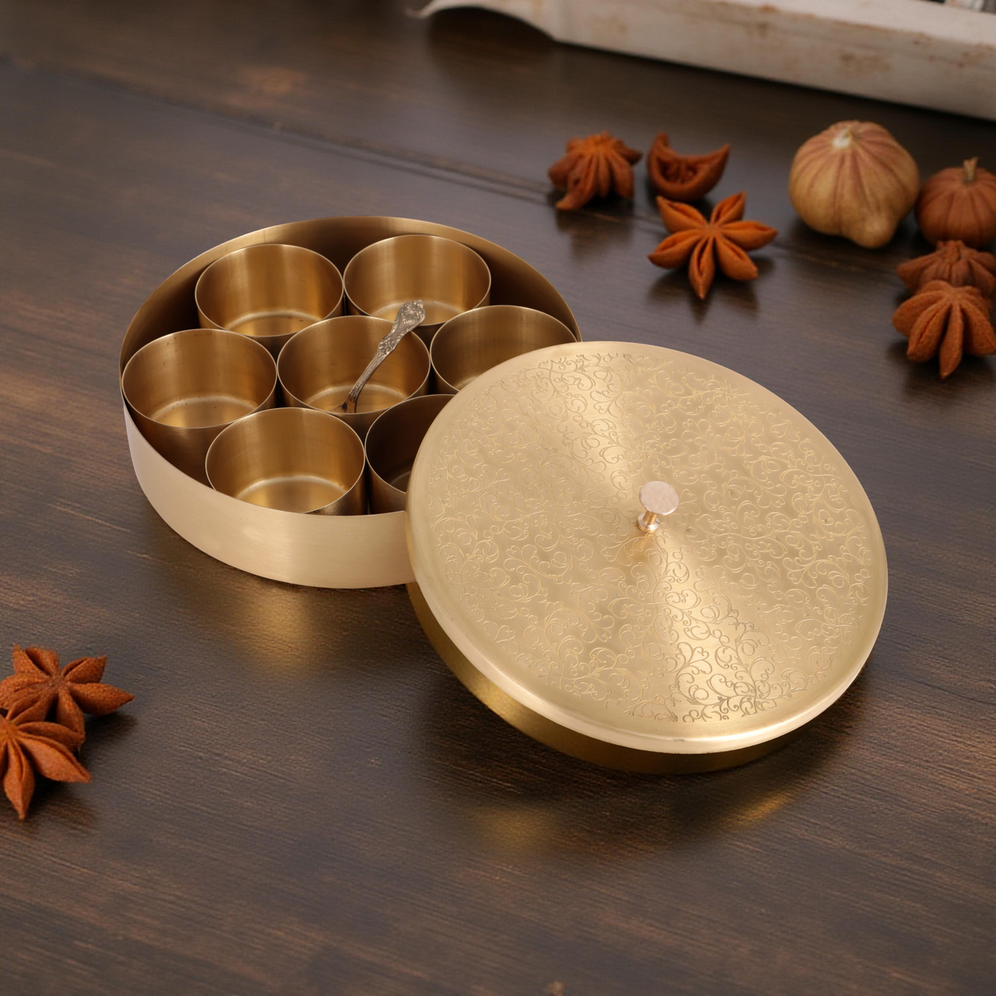 Handcrafted Brass Masala Box with 7 Containers & Lid – Premium Spice Storage Organizer