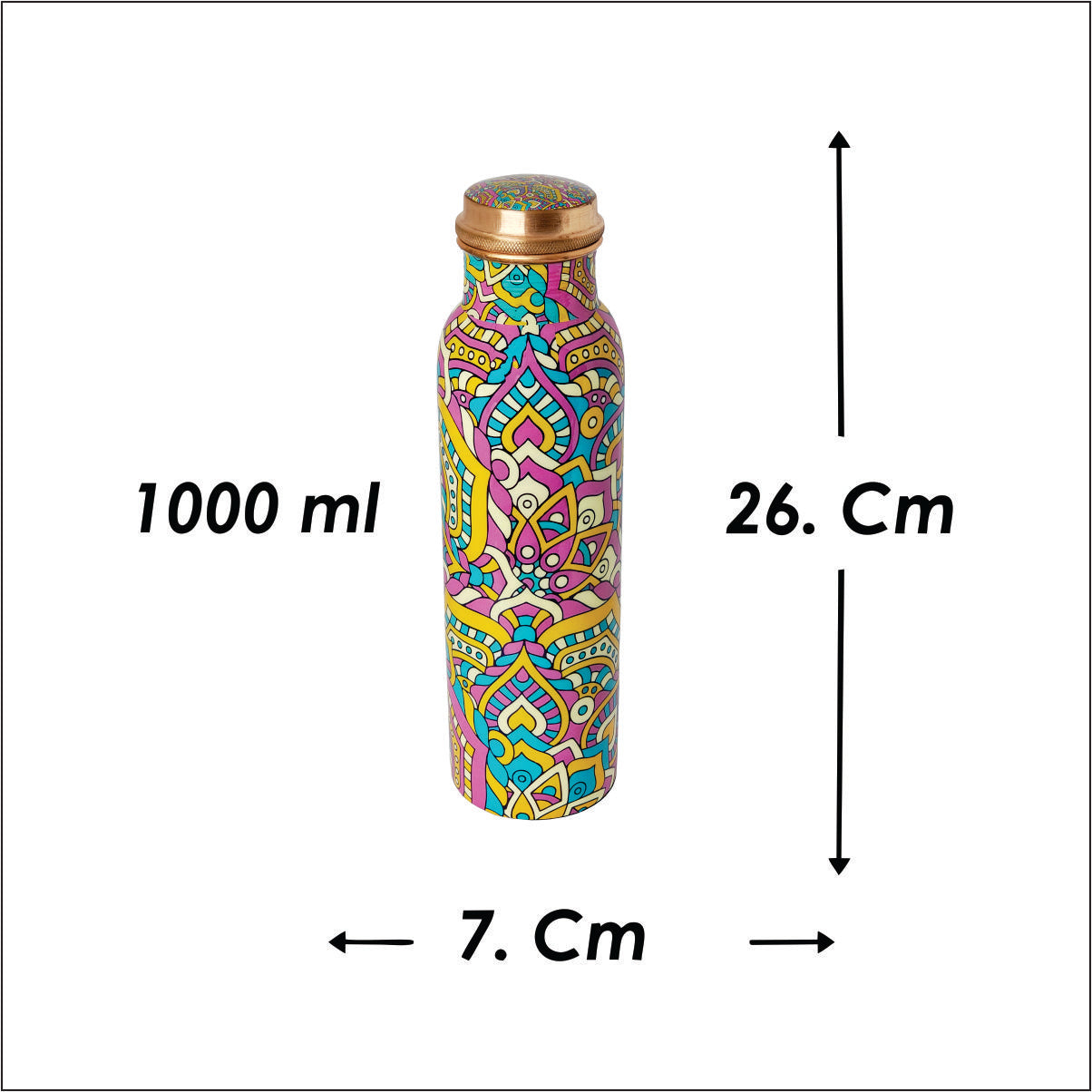 Mandala Design Copper Water Bottle – 1 Litre | Hand-Painted Ayurvedic Wellness Bottle