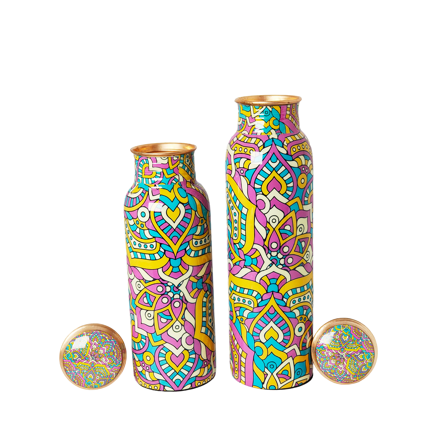 Mandala Design Copper Water Bottle – 1 Litre | Hand-Painted Ayurvedic Wellness Bottle