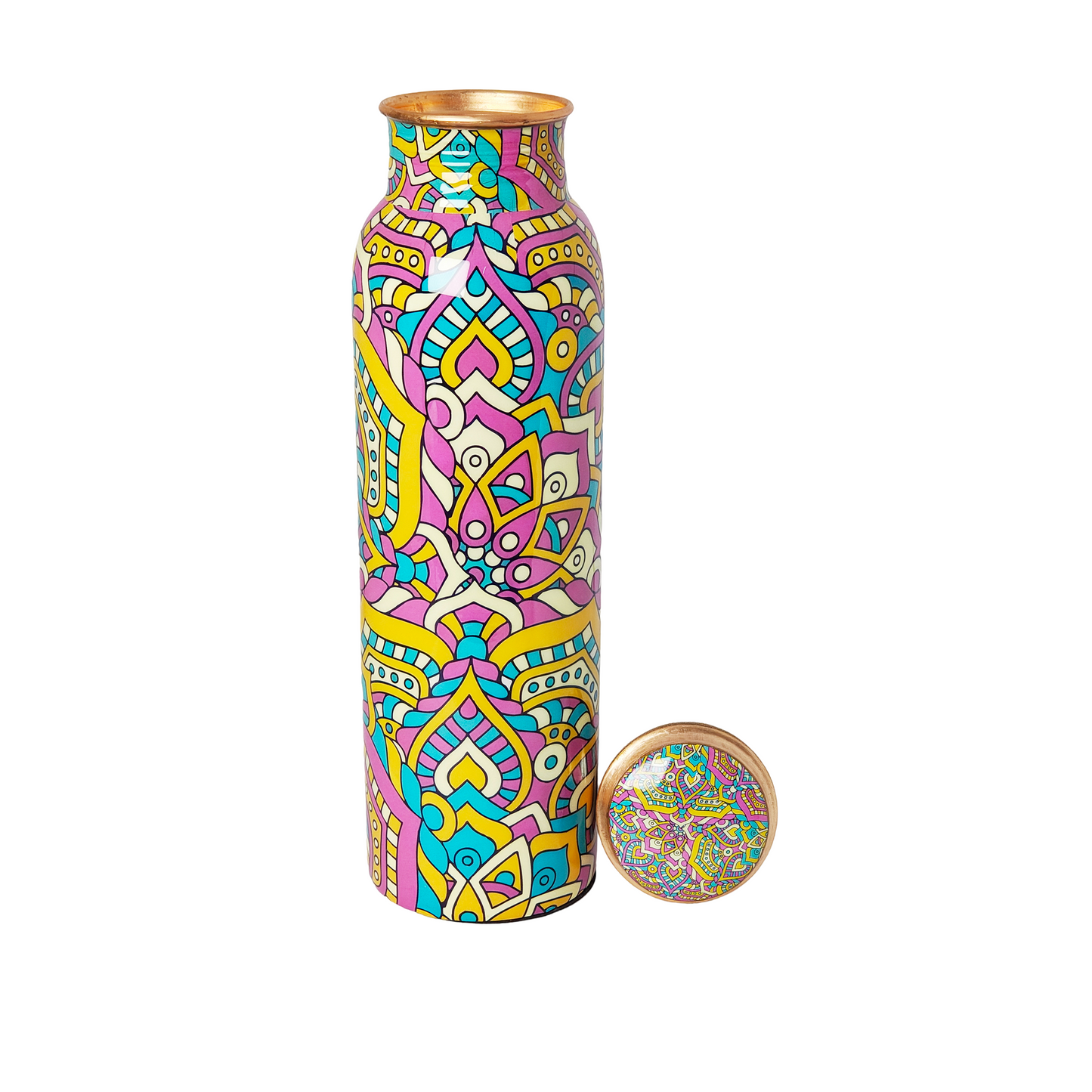 Mandala Design Copper Water Bottle – 1 Litre | Hand-Painted Ayurvedic Wellness Bottle