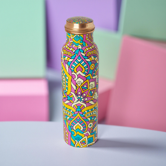 Mandala Design Copper Water Bottle – 1 Litre | Hand-Painted Ayurvedic Wellness Bottle