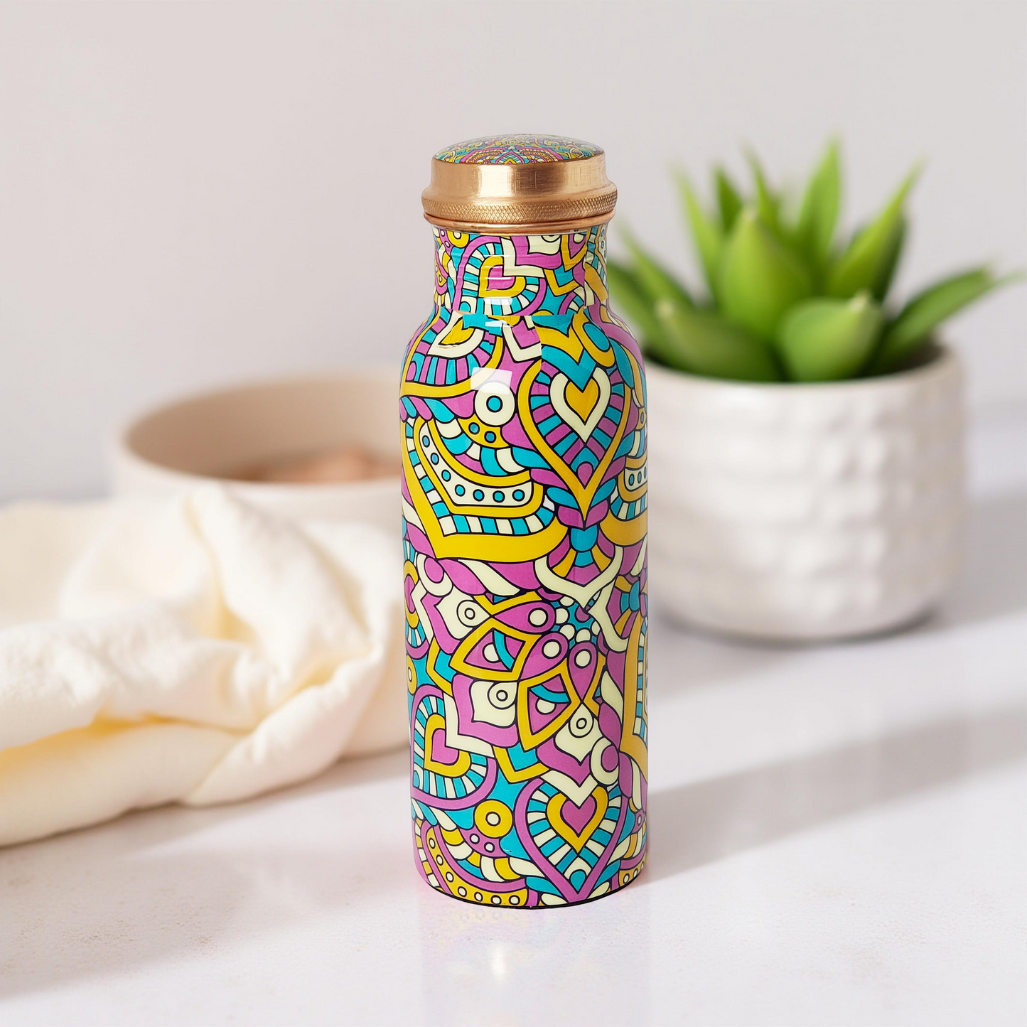 Mandala Design Copper Water Bottle – 1 Litre | Hand-Painted Ayurvedic Wellness Bottle