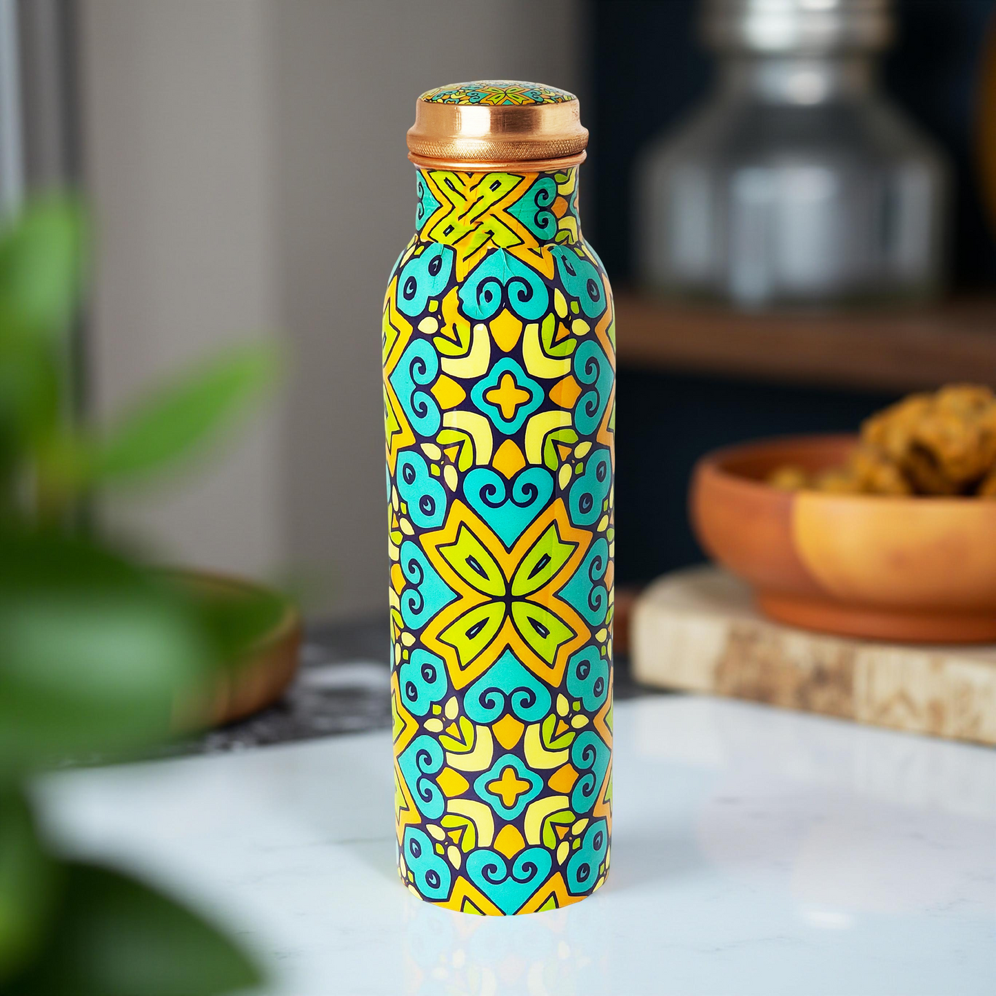 Hand-Painted Copper Water Bottle – 1 Litre | Ayurvedic Wellness with Vibrant Floral Design