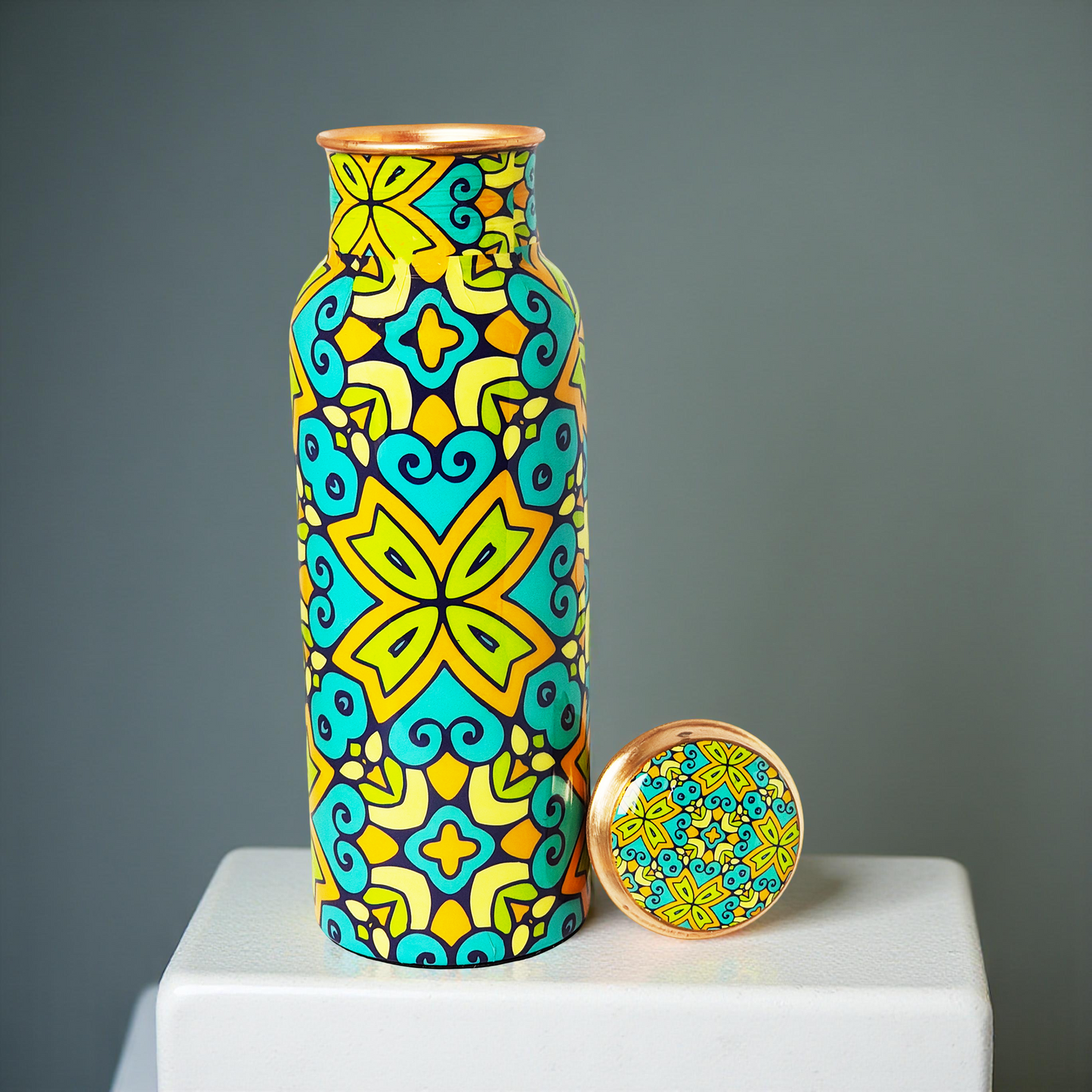 Hand-Painted Copper Water Bottle – 1 Litre | Ayurvedic Wellness with Vibrant Floral Design
