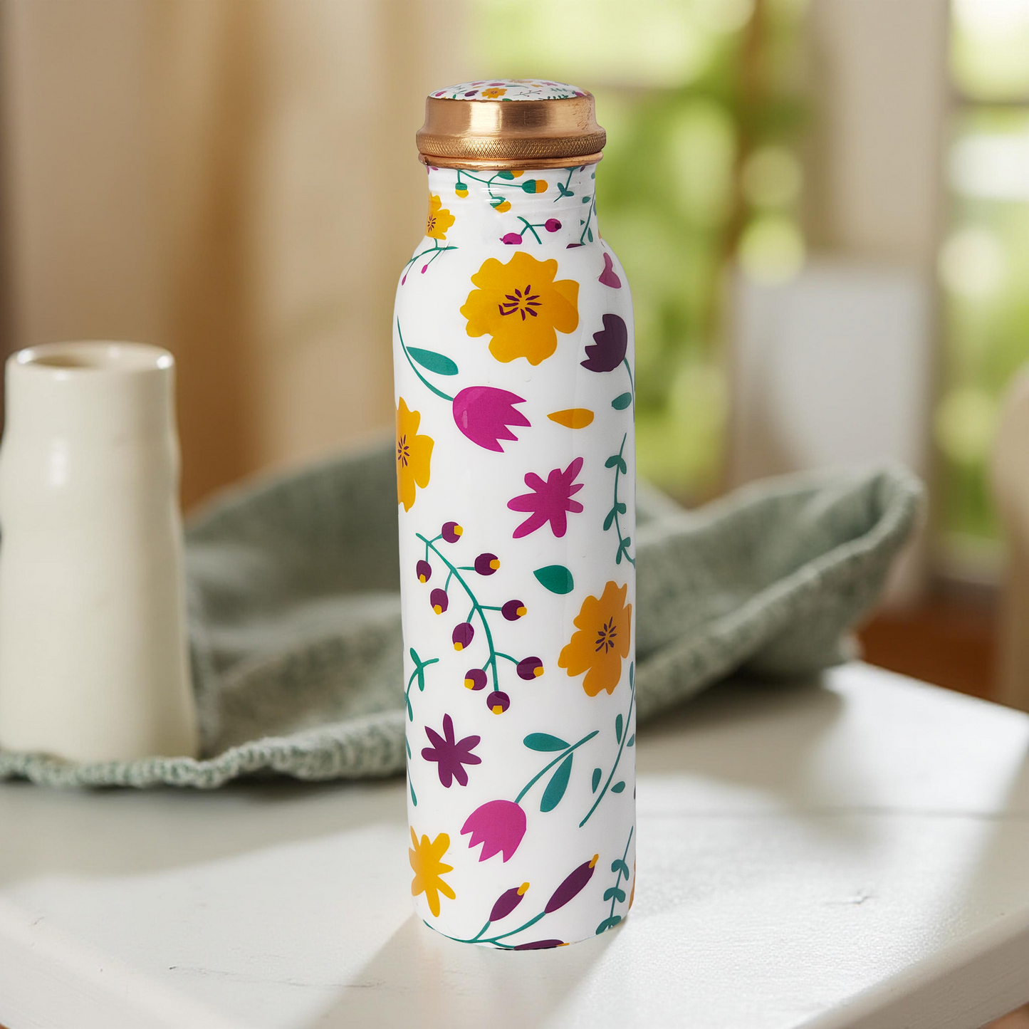 Floral Design Copper Water Bottle – 1 Litre | Hand-Painted Ayurvedic Wellness Bottle