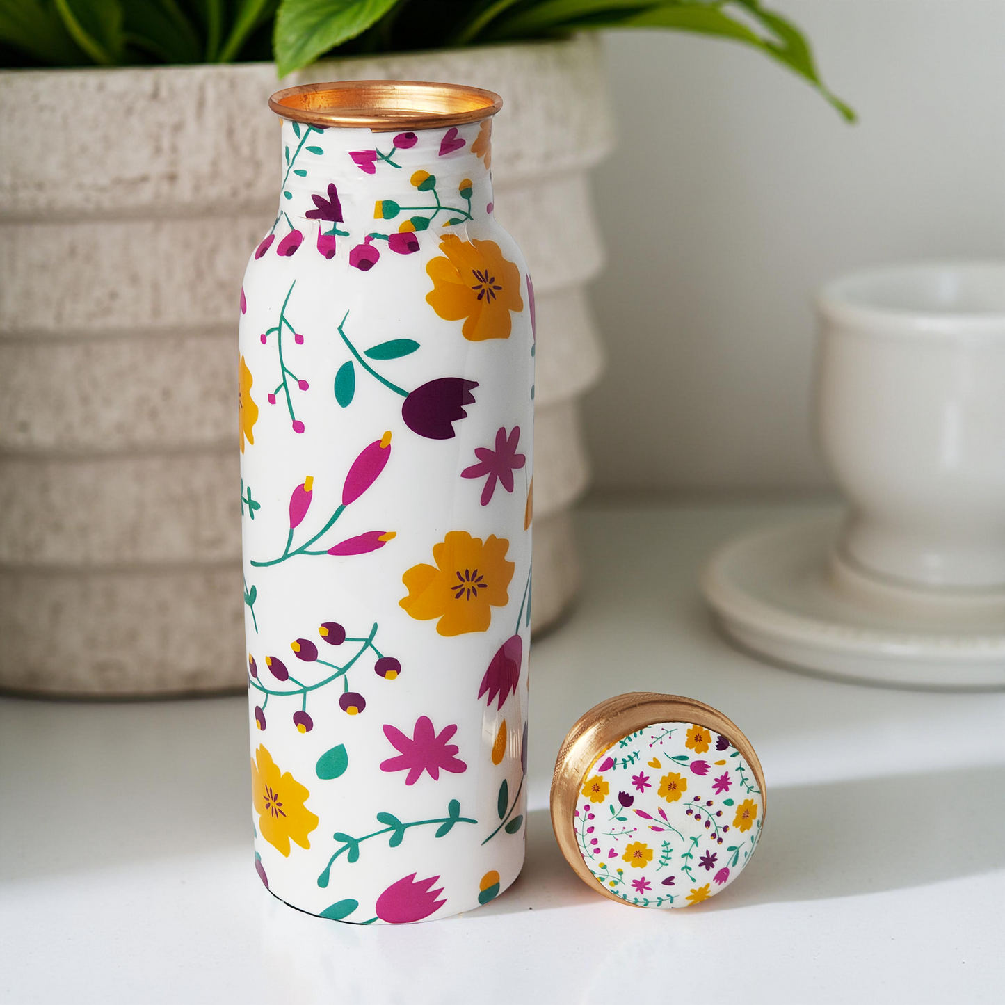 Floral Design Copper Water Bottle – 1 Litre | Hand-Painted Ayurvedic Wellness Bottle