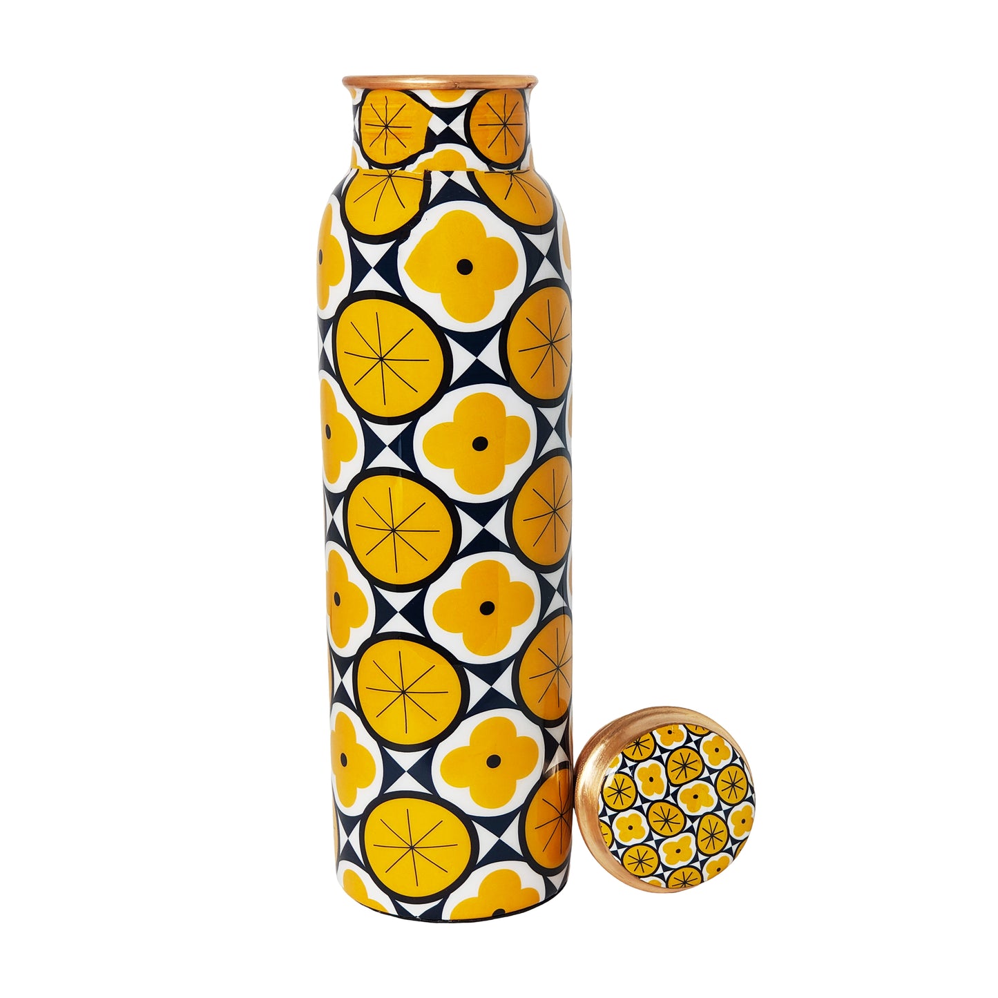 Geometric Yellow Copper Water Bottle – 1 Litre | Modern Ayurvedic Wellness Bottle