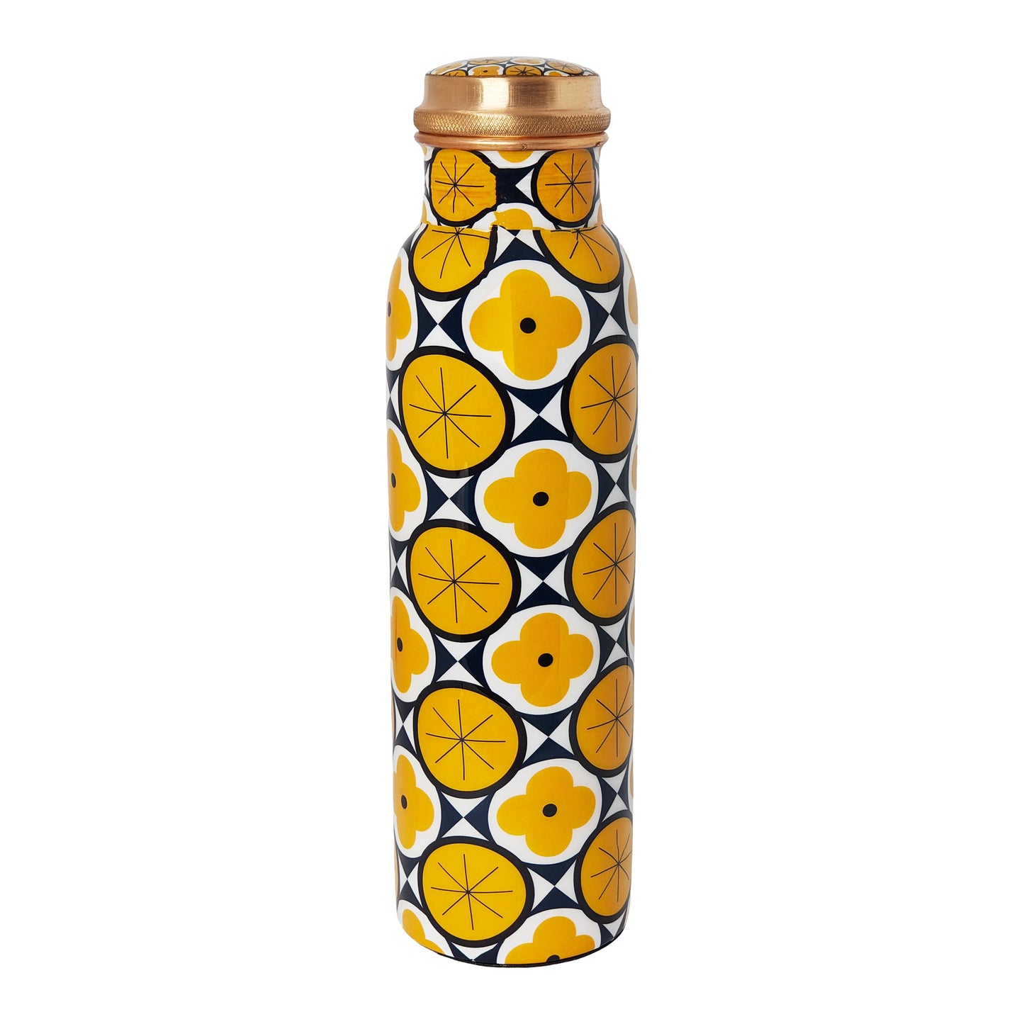 Geometric Yellow Copper Water Bottle – 1 Litre | Modern Ayurvedic Wellness Bottle