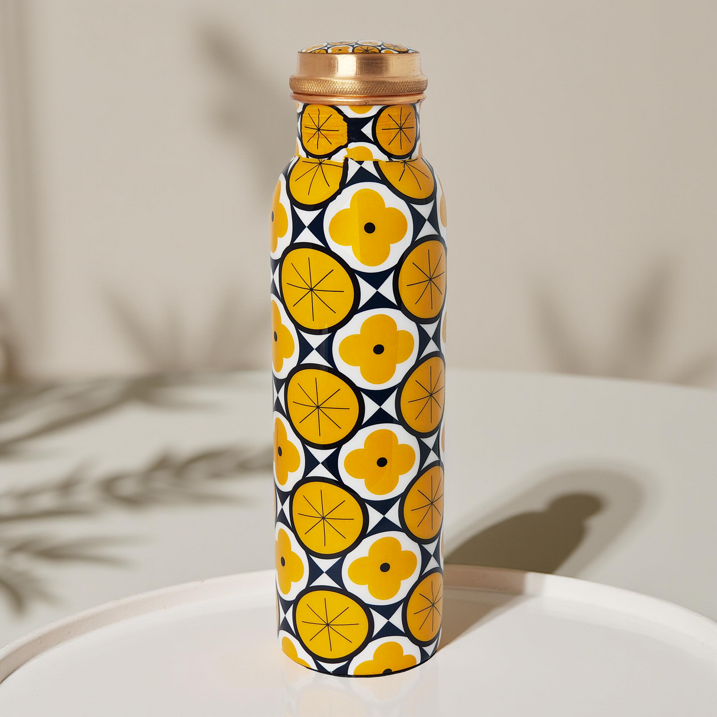 Geometric Yellow Copper Water Bottle – 1 Litre | Modern Ayurvedic Wellness Bottle
