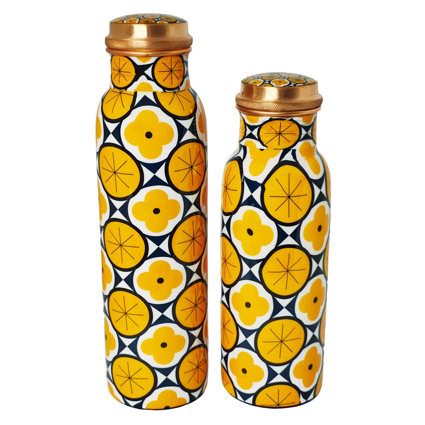 Geometric Yellow Copper Water Bottle – 1 Litre | Modern Ayurvedic Wellness Bottle