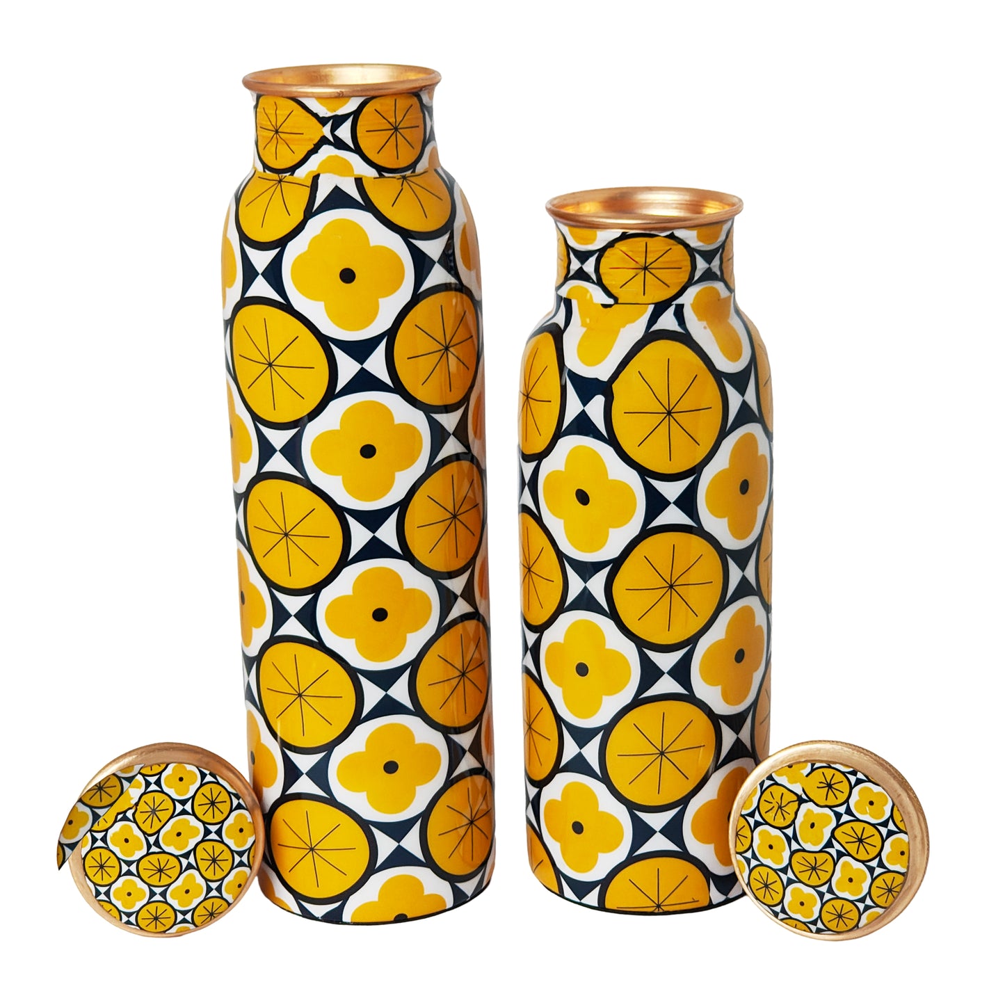 Geometric Yellow Copper Water Bottle – 1 Litre | Modern Ayurvedic Wellness Bottle