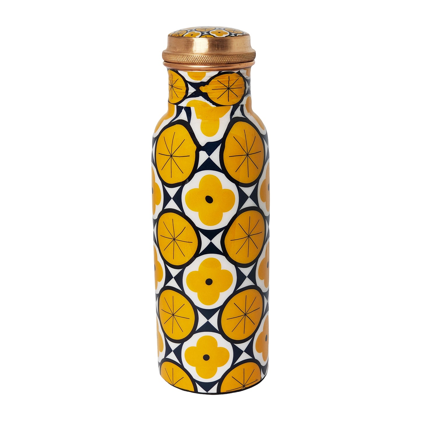 Geometric Yellow Copper Water Bottle – 1 Litre | Modern Ayurvedic Wellness Bottle