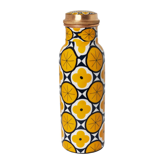 Geometric Yellow Copper Water Bottle – 1 Litre | Modern Ayurvedic Wellness Bottle
