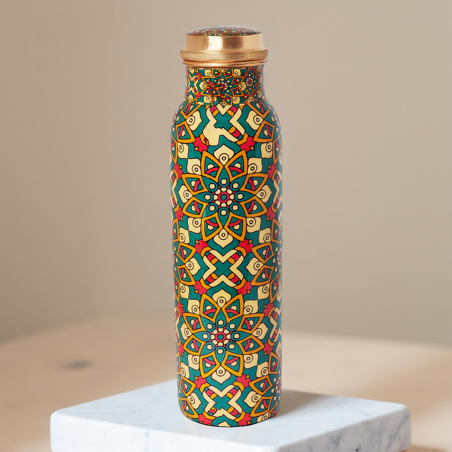 Mandala Pattern Copper Water Bottle – 1 Litre | Handcrafted Ayurvedic Drinkware