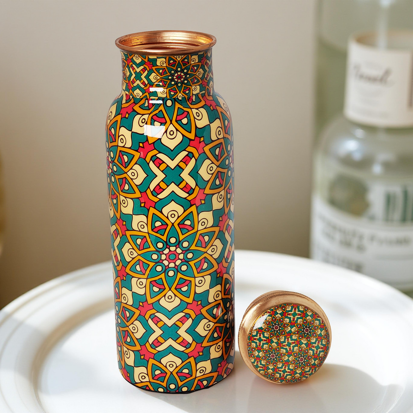 Mandala Pattern Copper Water Bottle – 1 Litre | Handcrafted Ayurvedic Drinkware