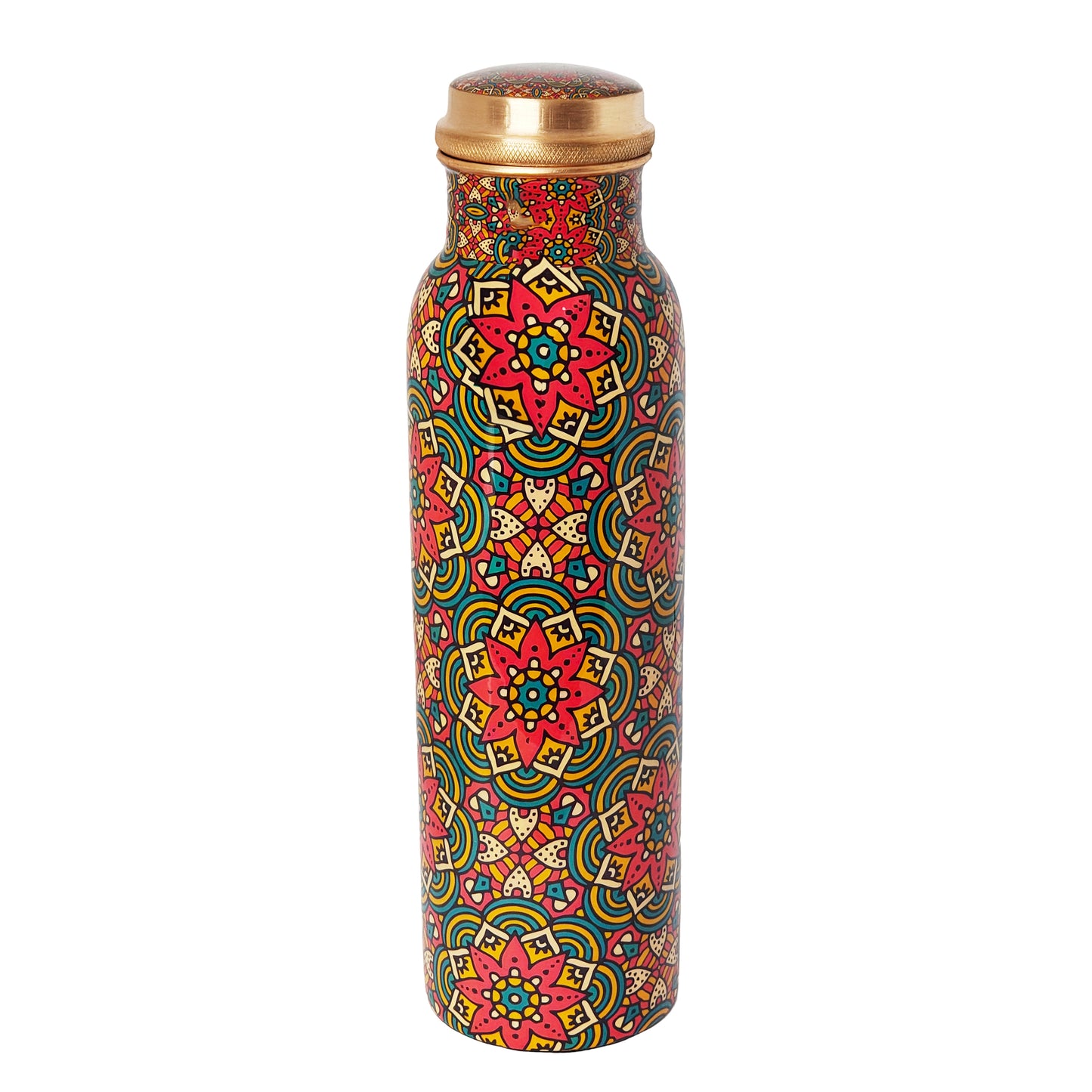 Red Floral Mandala Copper Water Bottle – 1 Litre | Handcrafted Ayurvedic Drinkware