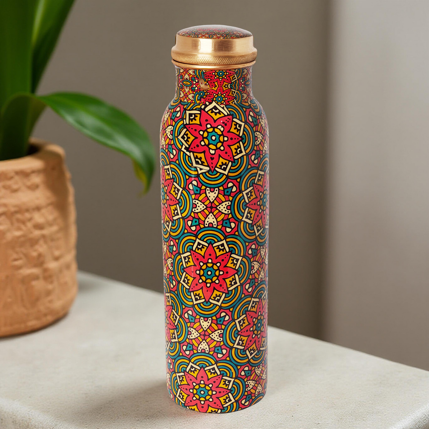 Red Floral Mandala Copper Water Bottle – 1 Litre | Handcrafted Ayurvedic Drinkware