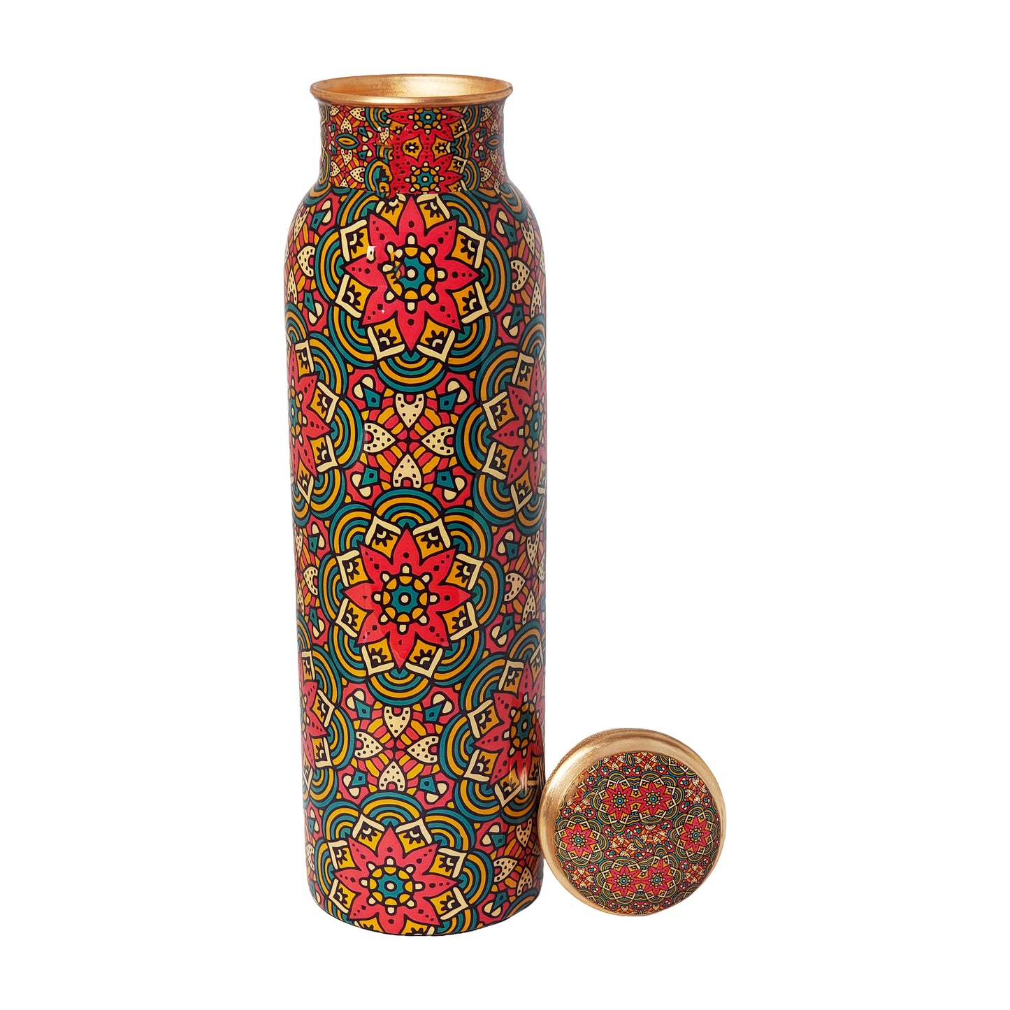 Red Floral Mandala Copper Water Bottle – 1 Litre | Handcrafted Ayurvedic Drinkware
