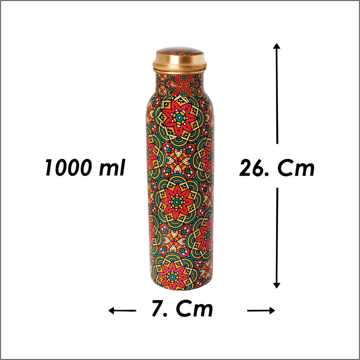 Red Floral Mandala Copper Water Bottle – 1 Litre | Handcrafted Ayurvedic Drinkware