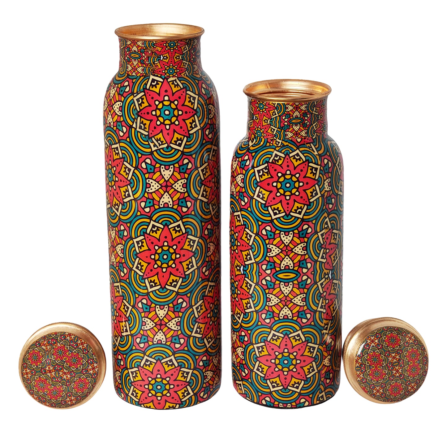 Red Floral Mandala Copper Water Bottle – 1 Litre | Handcrafted Ayurvedic Drinkware