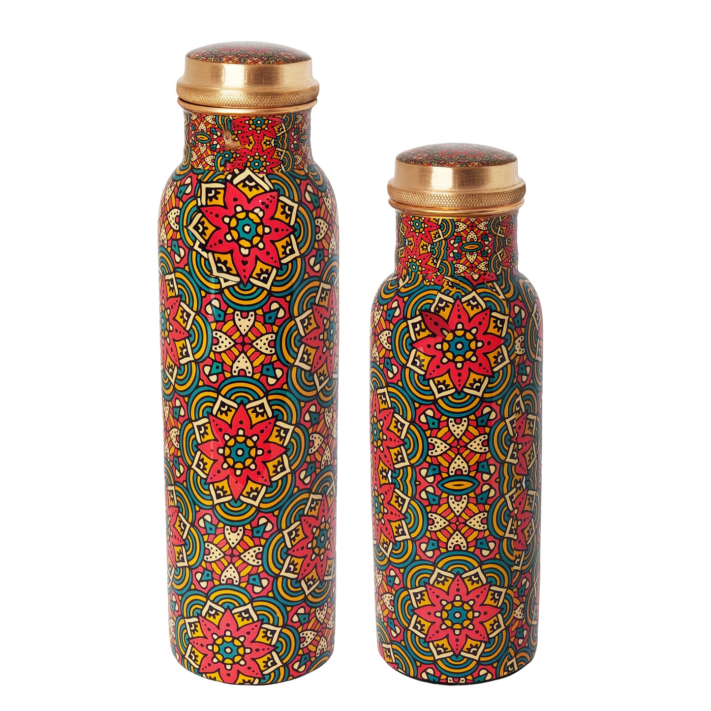 Red Floral Mandala Copper Water Bottle – 1 Litre | Handcrafted Ayurvedic Drinkware