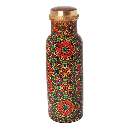 Red Floral Mandala Copper Water Bottle – 1 Litre | Handcrafted Ayurvedic Drinkware