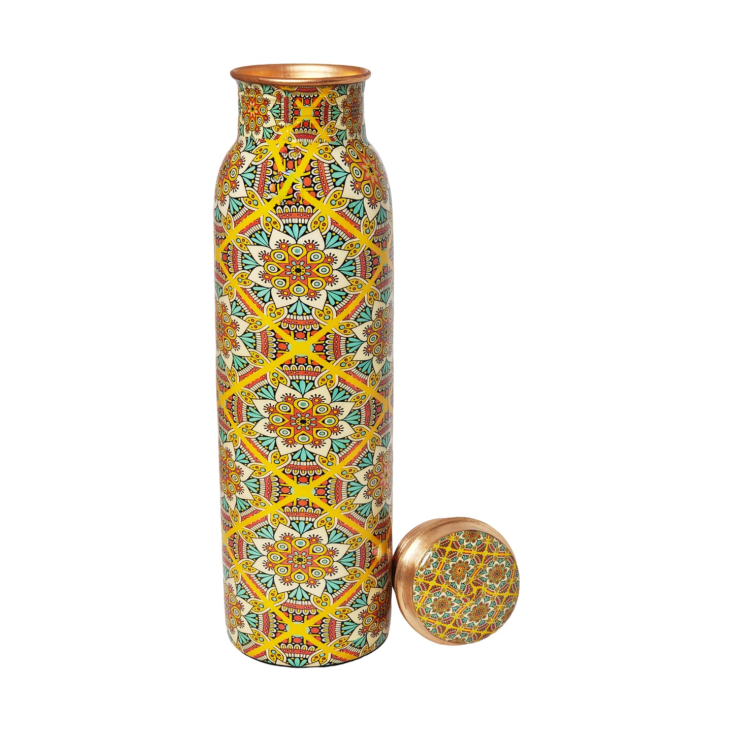 Yellow Mandala Copper Water Bottle – 1 Litre | Handcrafted Ayurvedic Drinkware