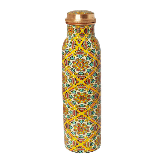 Yellow Mandala Copper Water Bottle – 1 Litre | Handcrafted Ayurvedic Drinkware