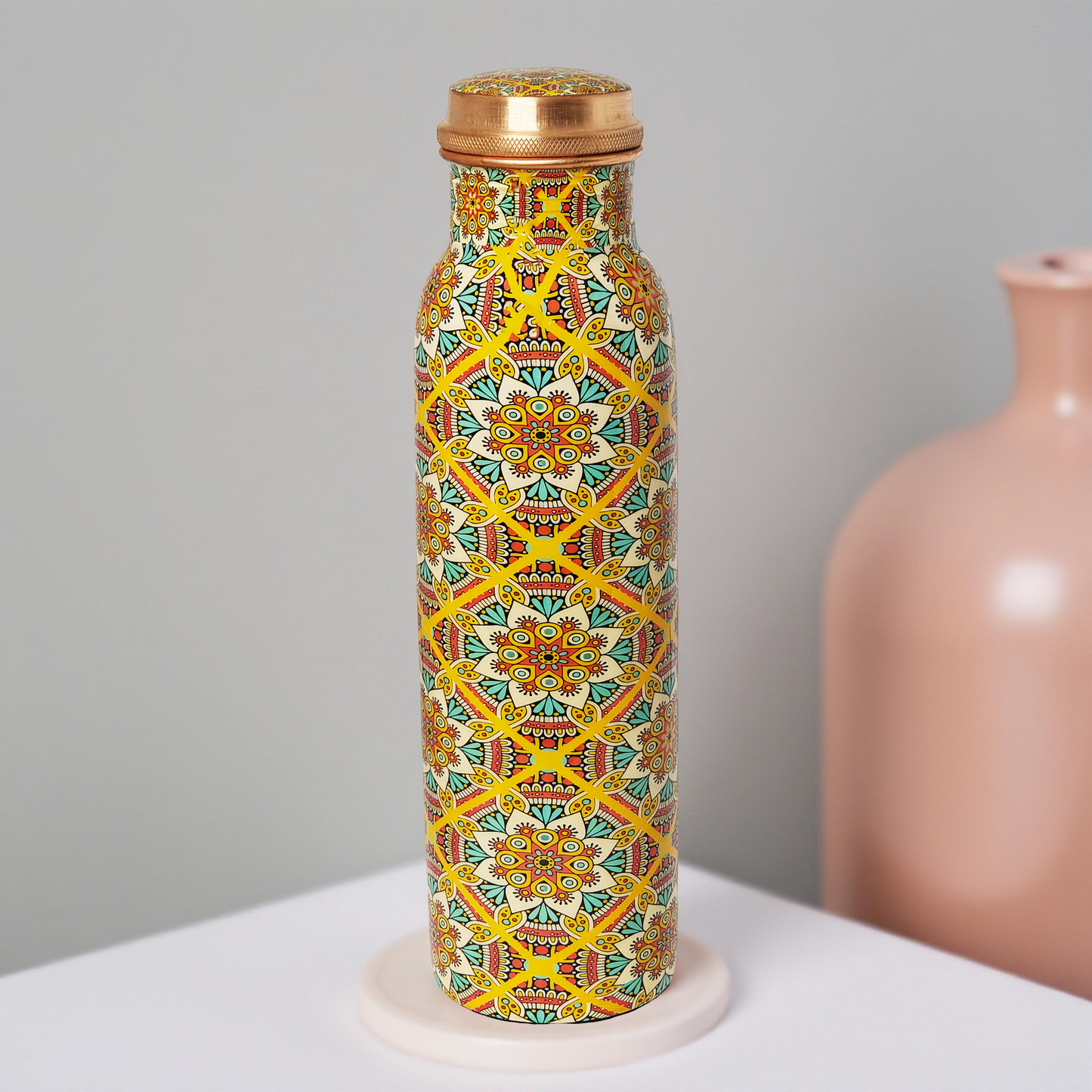 Yellow Mandala Copper Water Bottle – 1 Litre | Handcrafted Ayurvedic Drinkware
