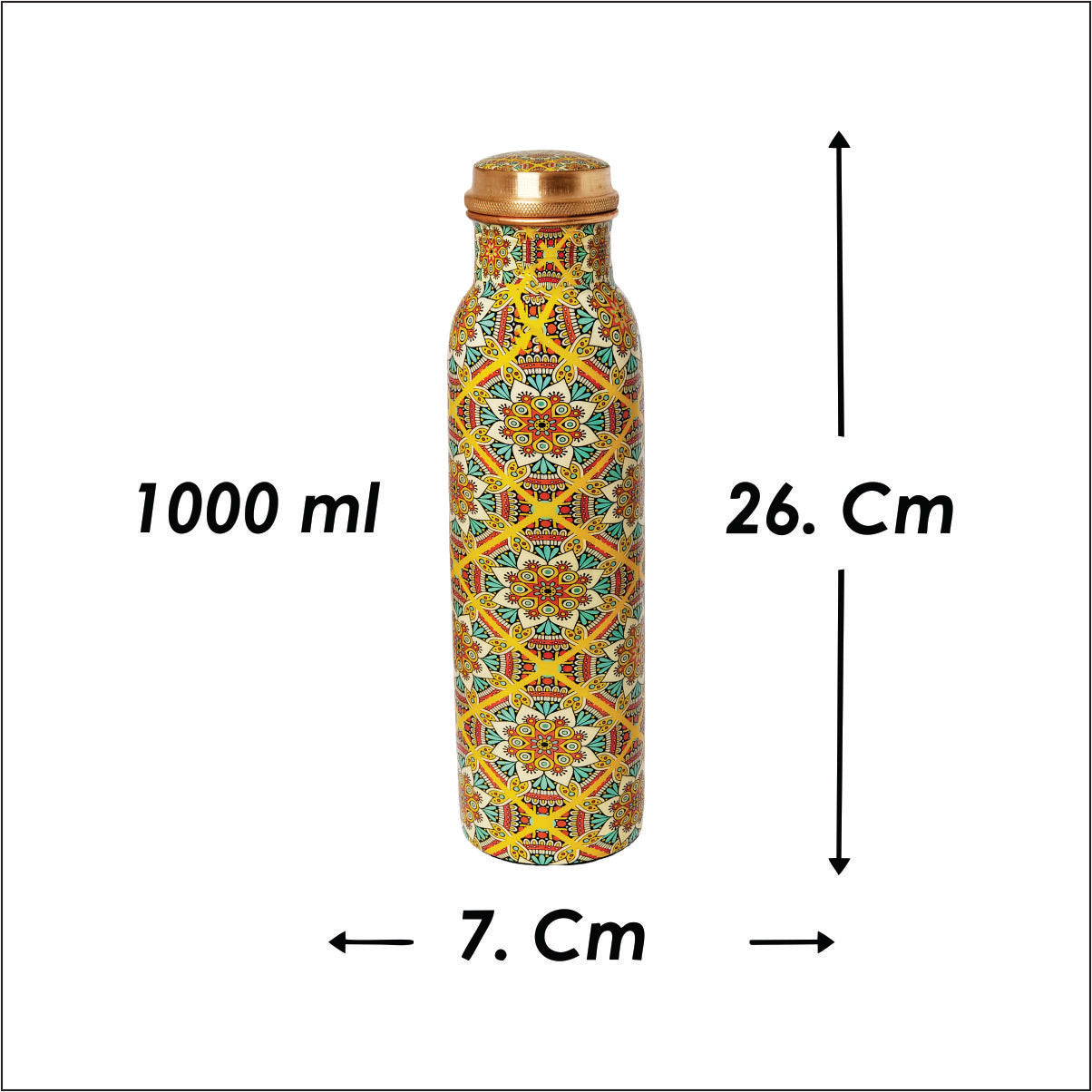 Yellow Mandala Copper Water Bottle – 1 Litre | Handcrafted Ayurvedic Drinkware