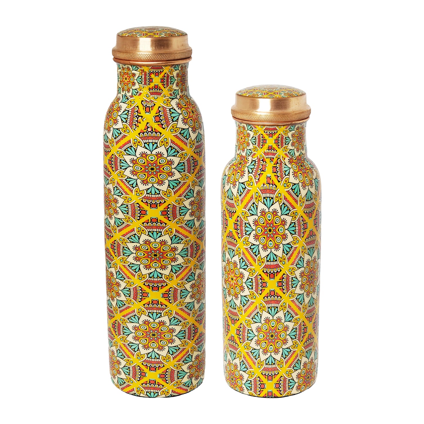 Yellow Mandala Copper Water Bottle – 1 Litre | Handcrafted Ayurvedic Drinkware