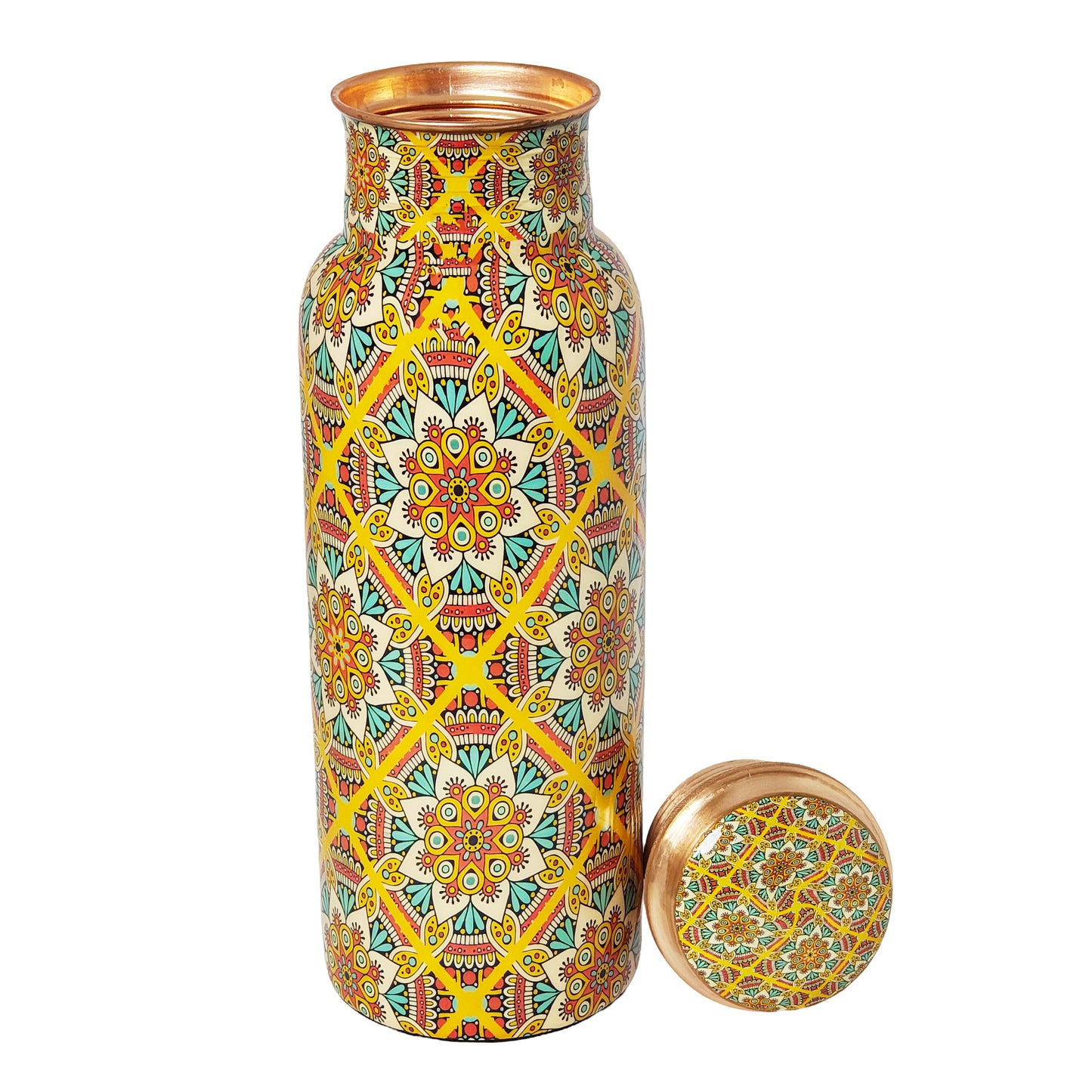 Yellow Mandala Copper Water Bottle – 1 Litre | Handcrafted Ayurvedic Drinkware